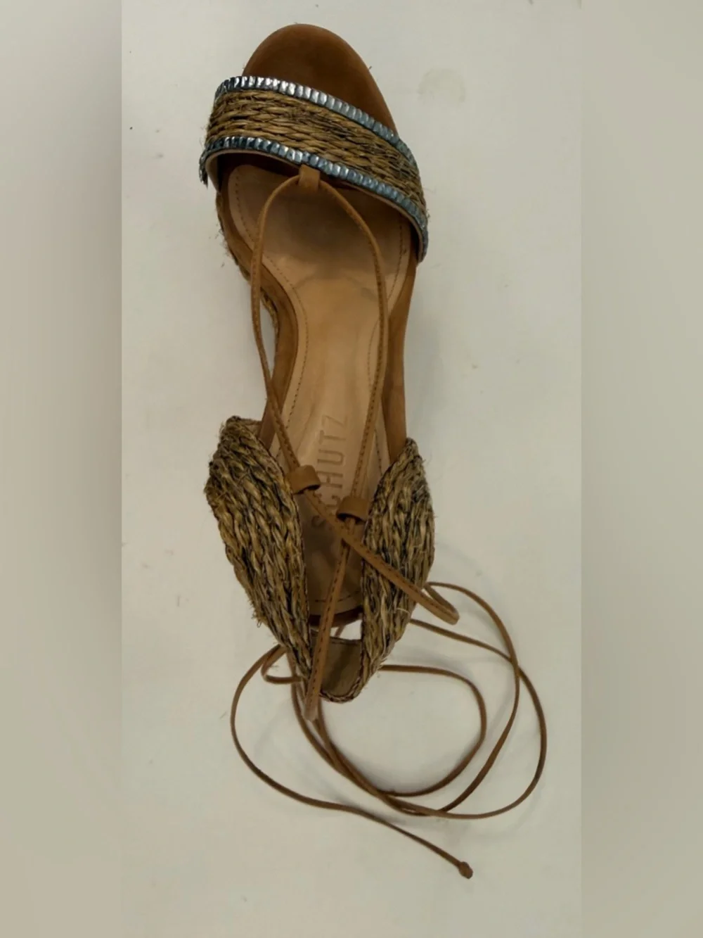Schutz Raffia Platform Wedge Sandals Tan T Strap Size 8